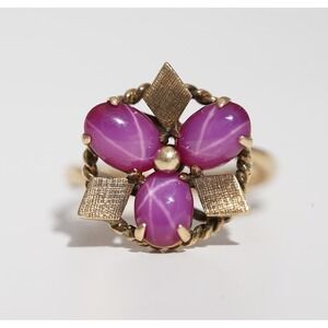 Vintage 14k 585 Solid Yellow Gold Purple Star Sapphire Ring - Diamond Cut Size 4